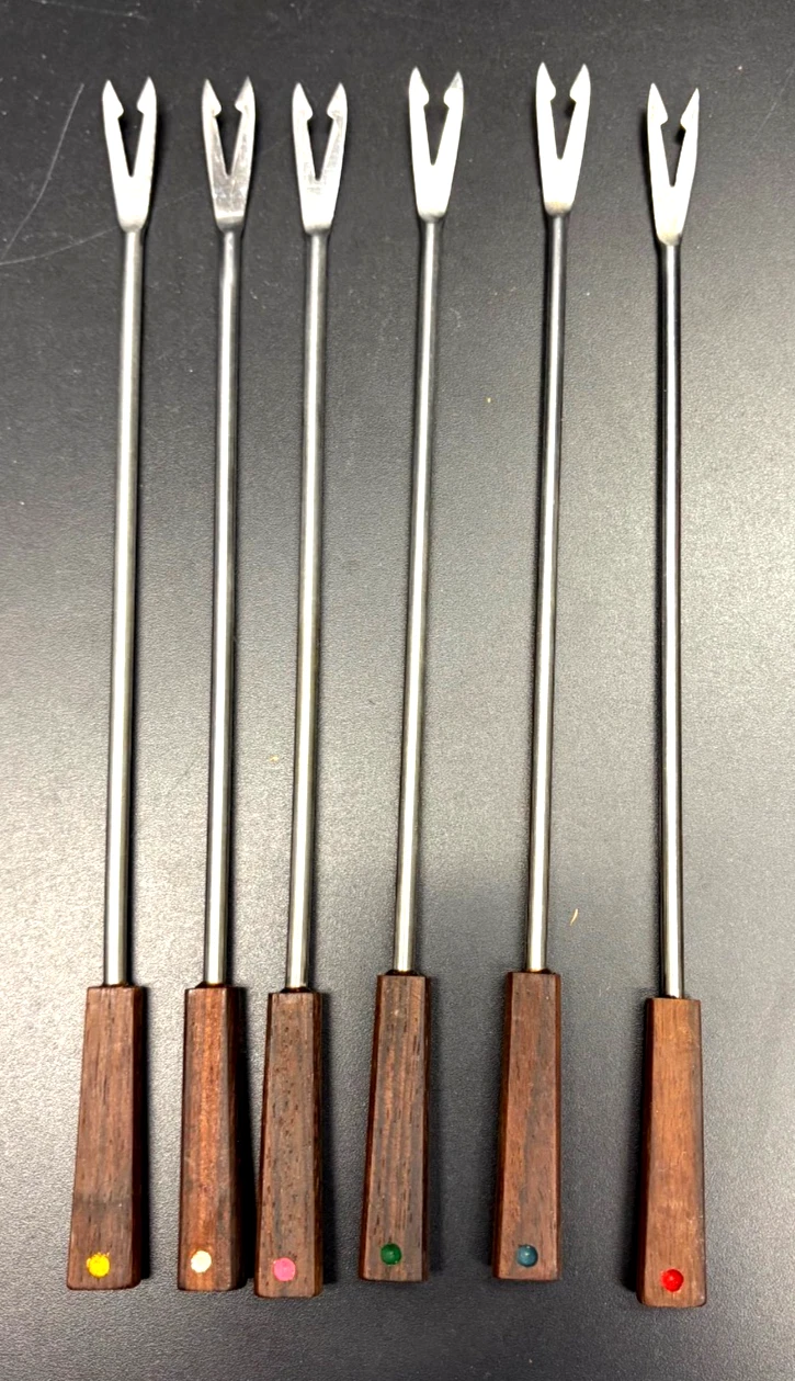 Vintage Set of 6 MCM Wood Handled Fondue Forks Stainless Steel w/Box JAPAN