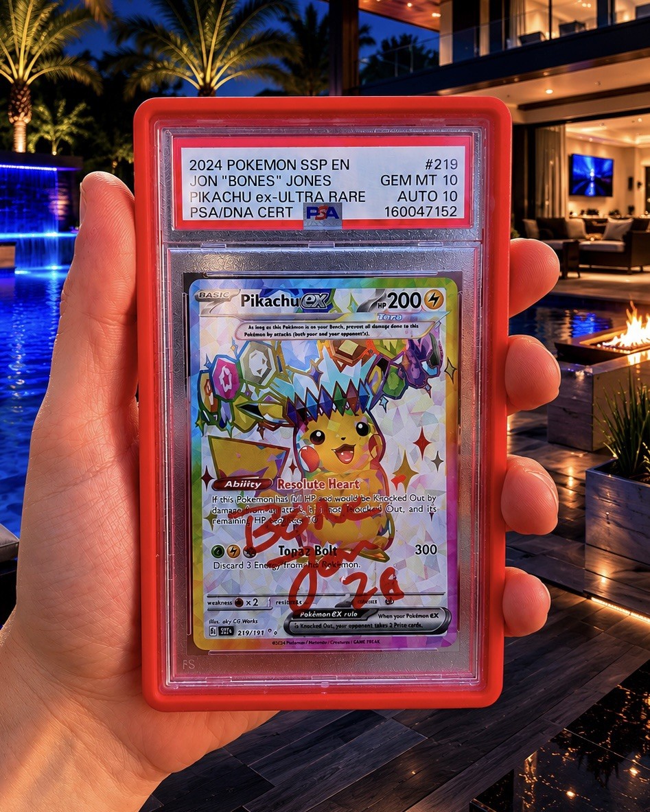 The Bones Jones Pikachu ex 219/191 Sv08: First Ever Signed Pokemon Card PSA 10 view 1
