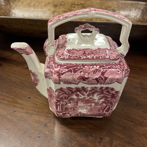 Antique Mason's Vista Red Pink Kettle Teapot & Lid 9" Square Handle No Chips - Picture 2 of 24