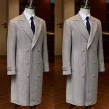 Peak Lapel Men's Long Overcoat Cashmere Winter Casual Wear Jacket Gray Coat