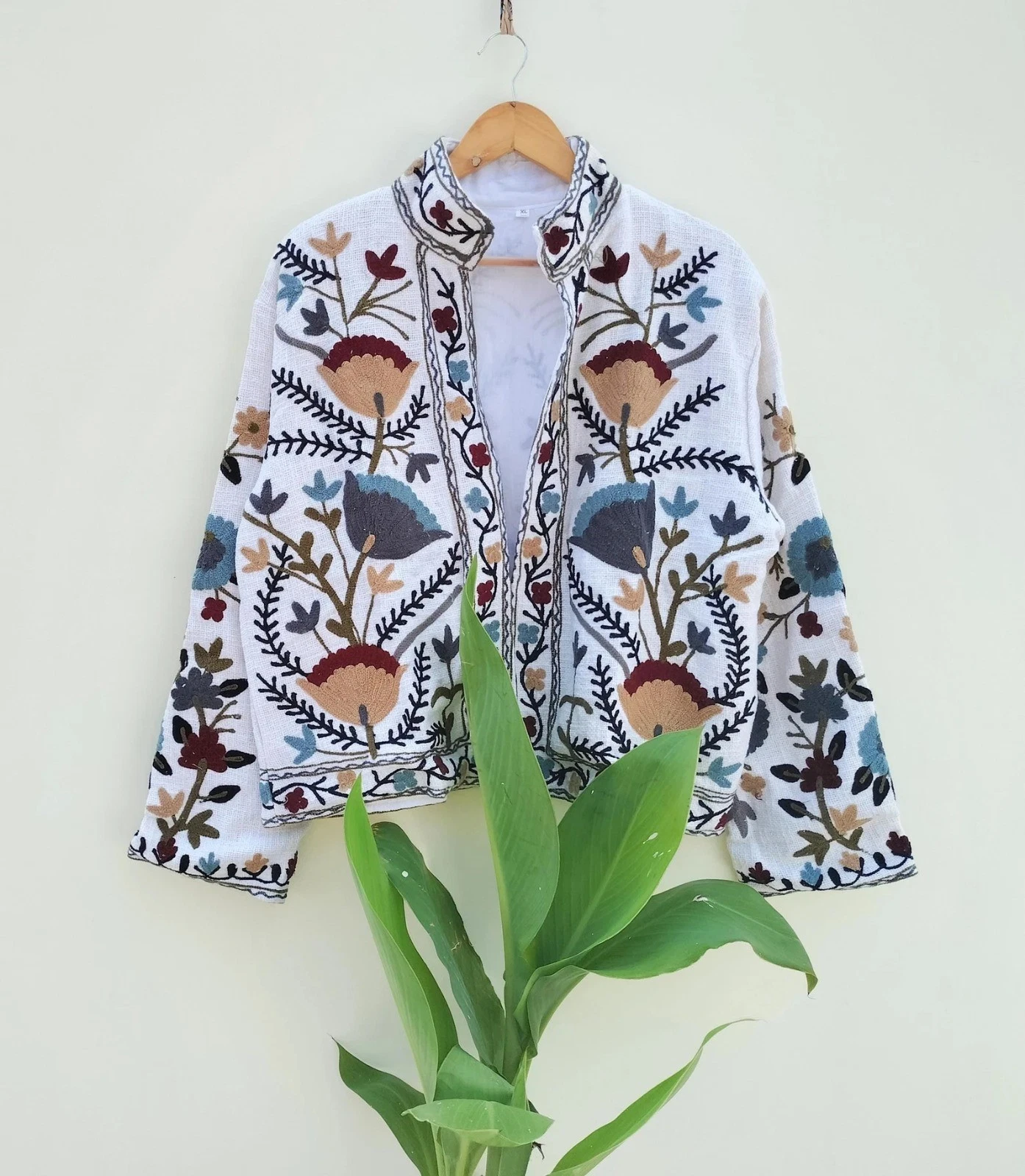 Indian Handmade White Suzani Floral Cotton Unisex Jacket Womens Clothing Jackets