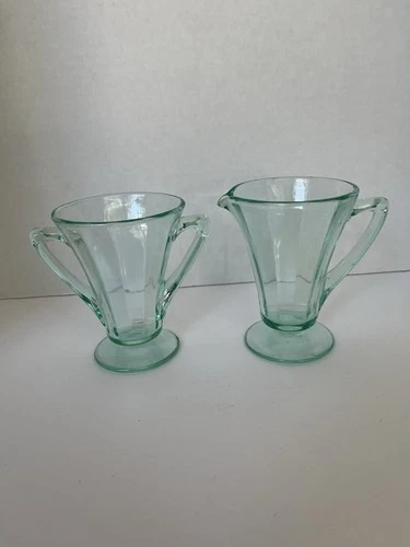 VTG Depression Glass Footed Cream And Sugar 4” Aquamarine Blue Green Lot 2