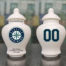Ceramic Mini Urn   Seattle Mariners Baseball Theme, Custom Text  Number