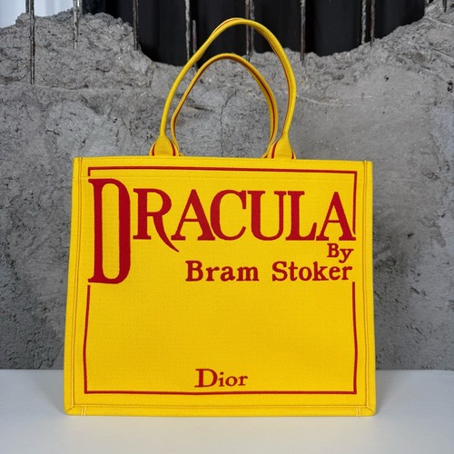 AUTH Christian Dior Book Tote Yellow Red Dracula Print Canvas Top Handle Bag