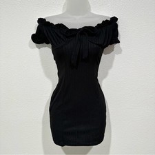 charlotte russe black ribbed off the shoulder ruffle front tie bodycon dress
