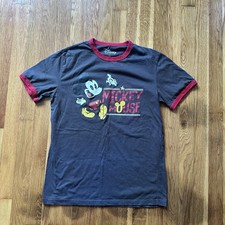 Disney Mickey Mouse Ringer T-Shirt Size Small Dark Grey w/ Red Trim Graphic Tee