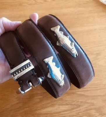 Belt 3D Metal Silver tone Fish Size 40 Brown Full Grain Italian Leather 9023-2