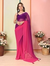 Women Soft Georgette Solid Pattern Printed Work Ready to Wear Saree with Blouse