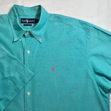 Ralph Lauren XL Short Sleeve Button Down Shirt Pink Pony Aqua Blue