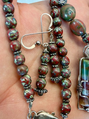 Handmade Jasper Beaded Necklace & Earrings Set Sterling Silver 925 Wire Wrapped - Afbeelding 3 van 12