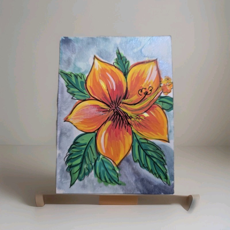 ACEO Original Acrylic Painting 2.5 x 3.5 in., Hibiscus Flower, ShineGoldenArt