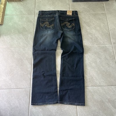 Marc Ecko bootcut jeans Blue denim grunge style embroidered pockets baggy skater