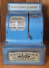 Vintage Blue Metal Uncle Sam's 3 Coin Cash Register Piggy Bank Money Kids READ