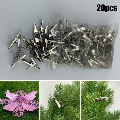 20 * Clip Noël Poinsettia Paillettes Pince à Fleurs Argent Arbre Suspendu Fêt - Photo 1/4
