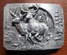 Deer Pair of Bucks Stags in Nature Damp Mist Vintage C-900 Bergamot Belt Buckle