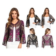 Women Shawls With Sequins Cardigan Costume Tops Open Front Bolero 3/4 Sleeve