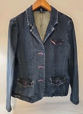 Vtg Womens Y2k Fitted Denim Jean Jacket Blazer Medium Dark Wash 3 Button Pockets