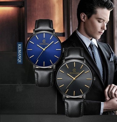 Trendige minimalistische Herrenuhr mit schmalem Lederarmband, Edelstahl, Quarz