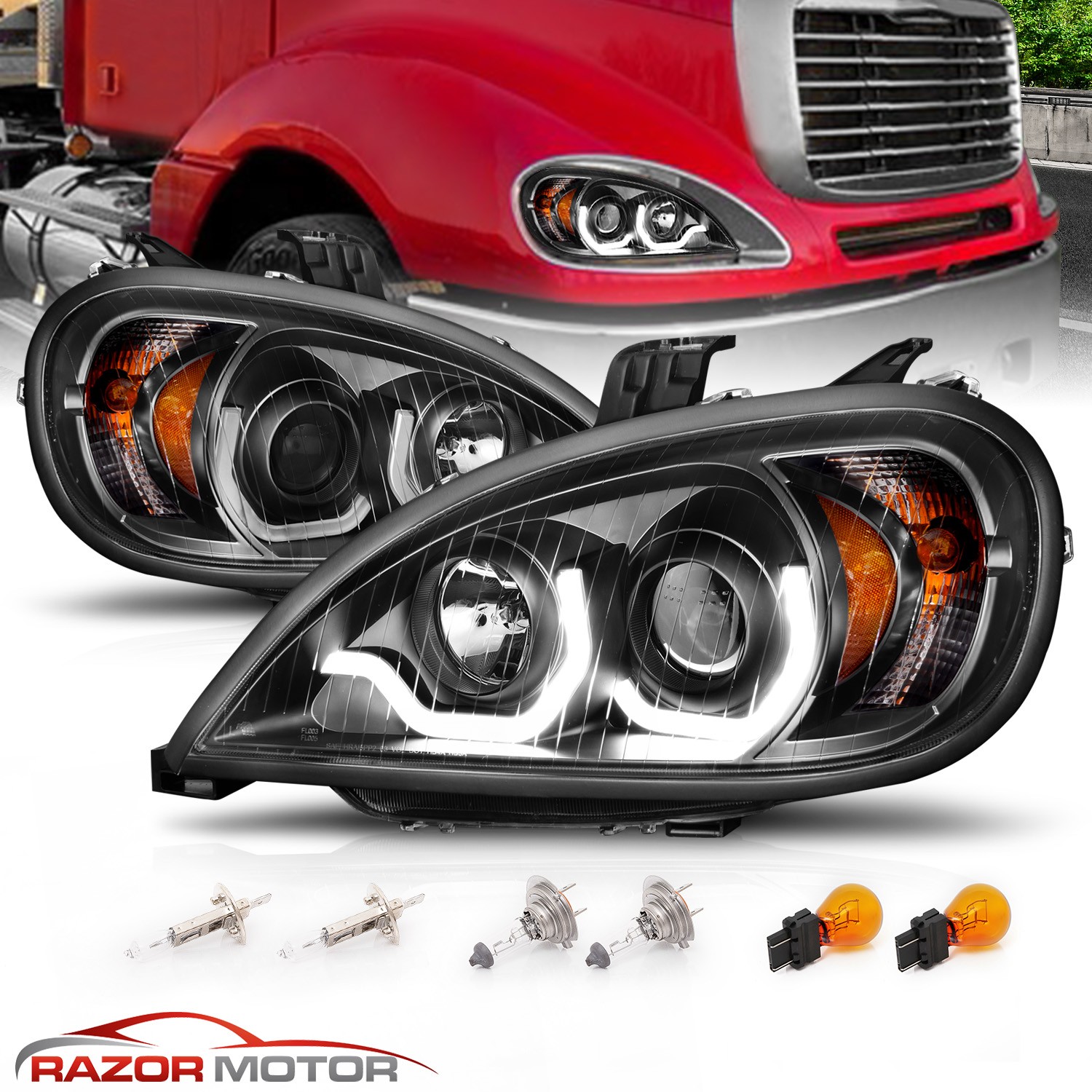 2005-2020 For Black Projector LED Bar Style Headlight Pair Freightliner Columbia