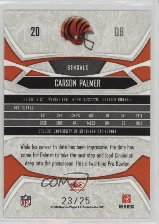 2008 Donruss Gridiron Gear Platinum X's /25 Carson Palmer #20 - Image 2 of 2