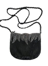 Vintage Black Sequined Beaded Evening Cocktail Purse w/ Silver Beaded Design