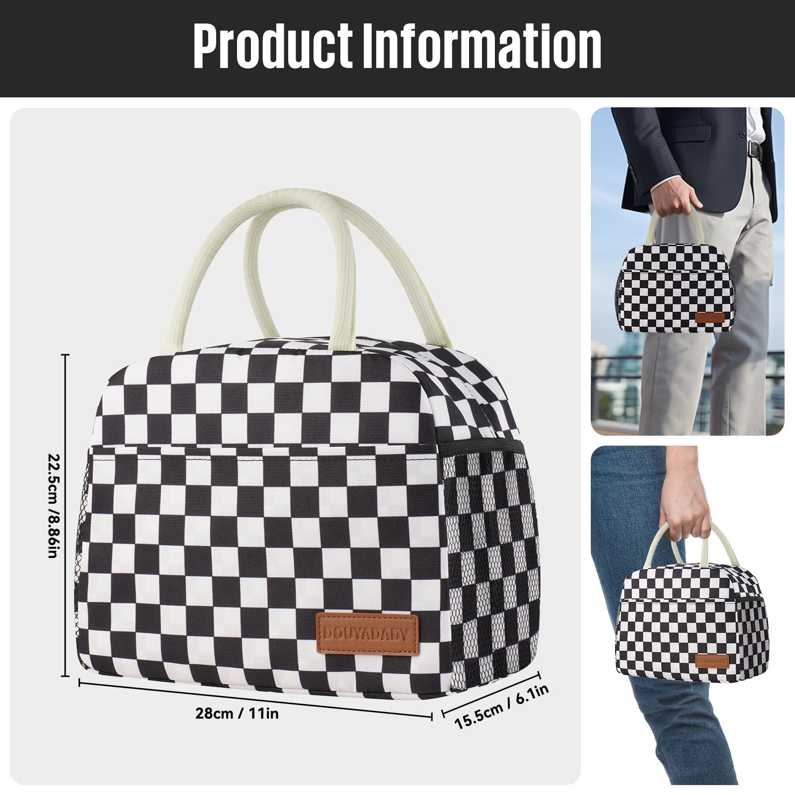 Lunch Bag Women/Men Lunch Box Women/Men Black+White Checkerboard