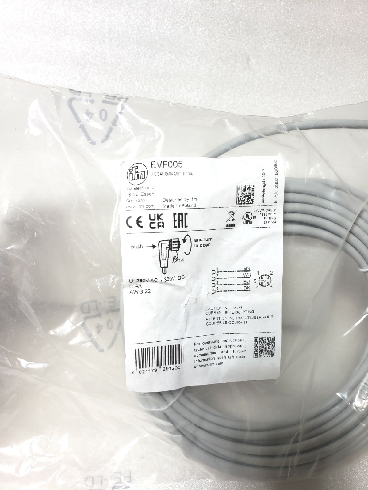 IFM Efector EVF005 Cable Female Cordset 4-wire M12 Right Angle Connector 10M