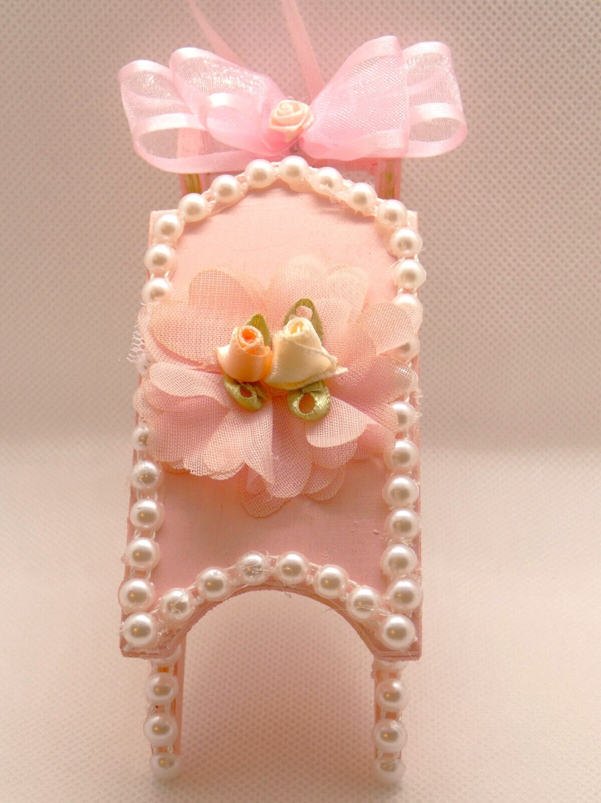 Shabby Pink Chic Roses Victorian Christmas Wood Sleigh Cottage Ornament