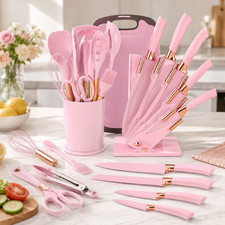 19-Piece Pink Kitchen Knife & Utensil Set