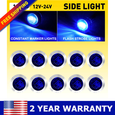 10x 3/4'' LED Strobe+Steady Marker Lights Blue 12V 24V Dual Function w/Bezels 12V