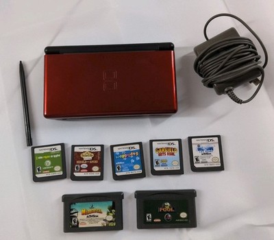 Nintendo DS Lite Crimson Handheld Red Black Model USG-001 Tested 7 Games Charger
