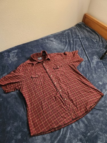 Vintage Wrangler Plaid Pearl Snap Shirt Mens Size 2XL Maroon Red Western Cowboy - Picture 2 of 8