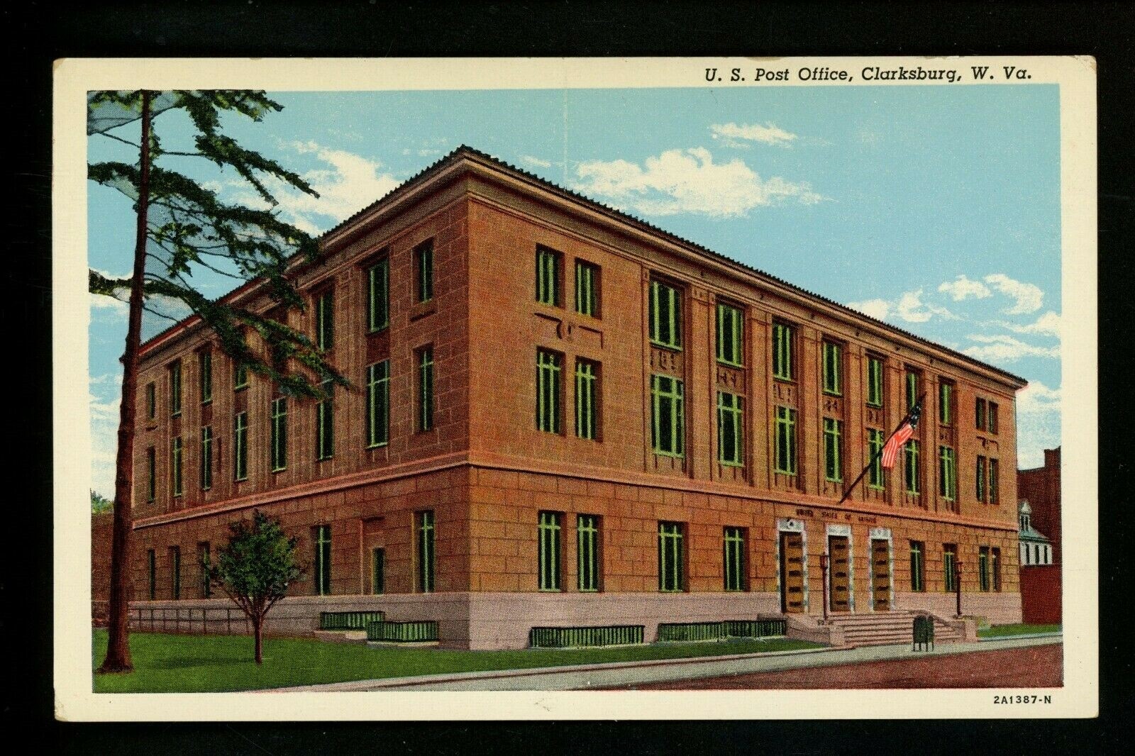 Post Office postcard West Virginia WV Clarksburg flag mailbox gardens