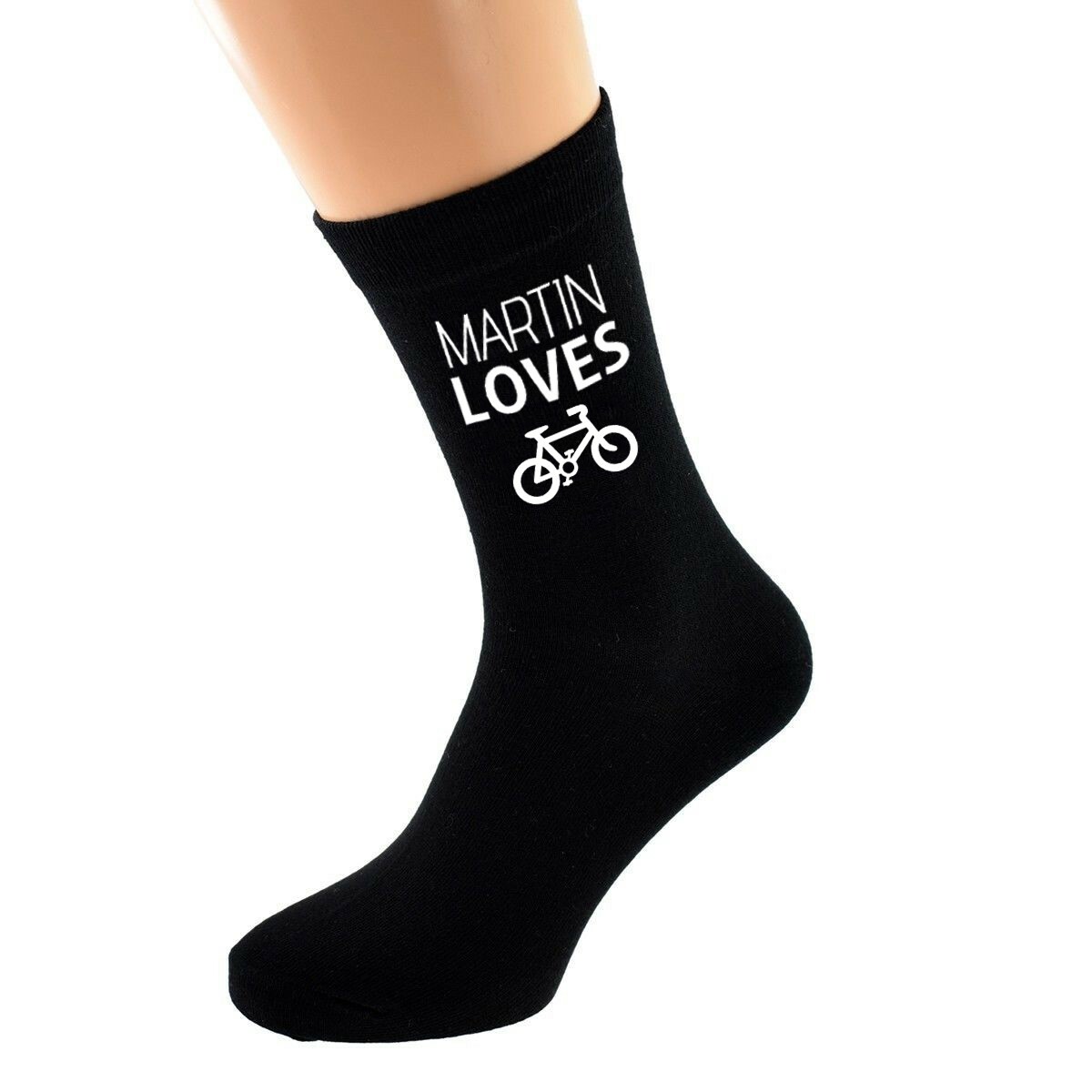 PERSONALISED NAME Loves Bicycle Bike Image printed Mens Black Cotton Socks