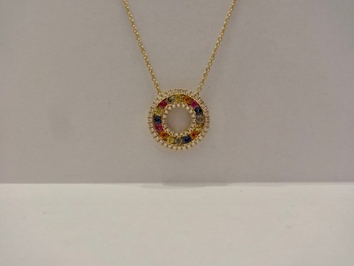 Collier "Multicolor" Brillanten und Saphire 750er Gelbgold Anhänger mit Kette - Picture 2 of 5