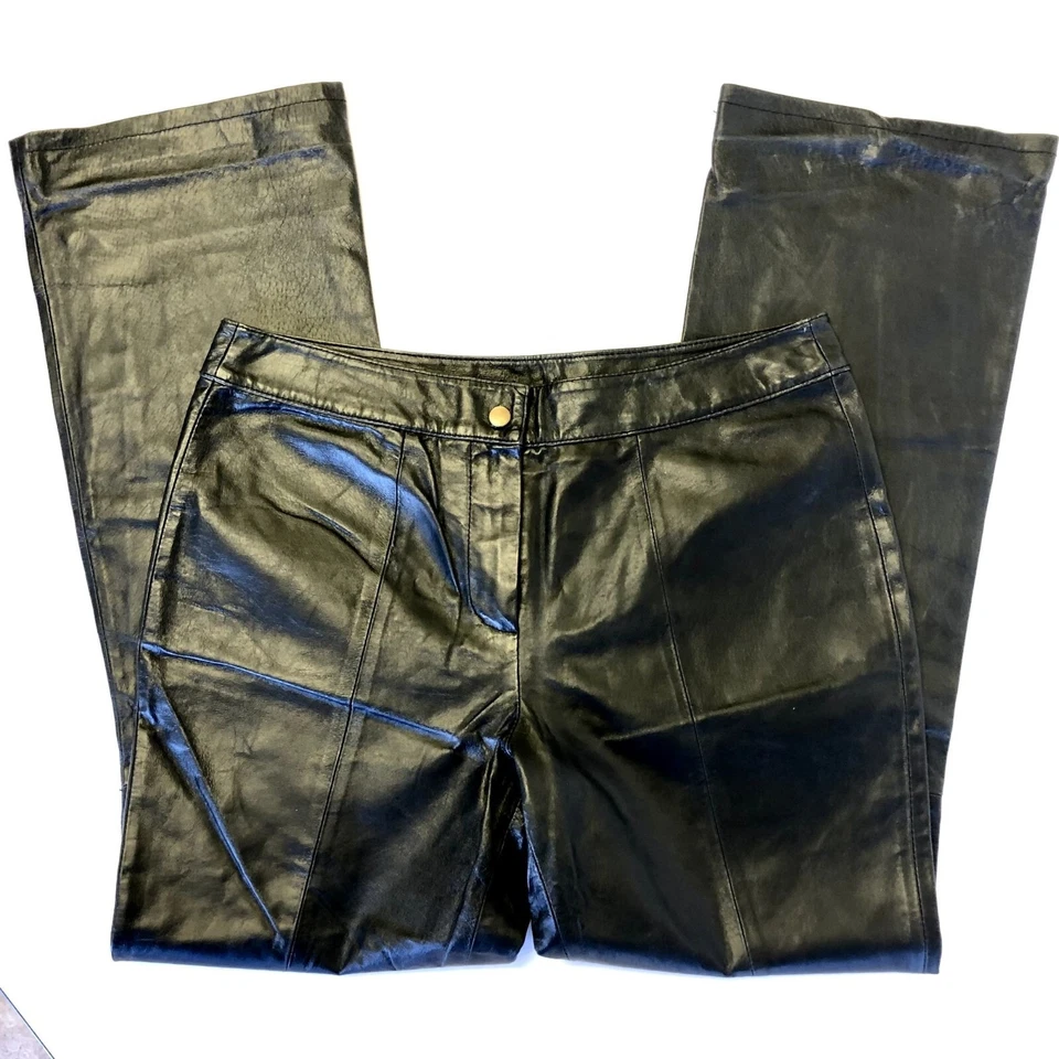 Vtg 90's Laura Leigh Women Black LEATHER Jeans Motorcycle Biker Boot Cut Pants - Image 3 of 4