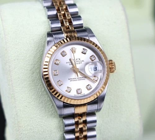 Rolex 26mm DateJust 18k Gold Fluted FACTORY Diamond Dial Jubilee SS Watch 79173
