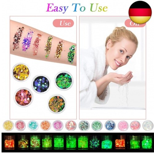 12 Stück Fluoreszierendes Glitzer, Gesicht Körper Glitzer, Glitzerpulver P - Bild 3 von 8