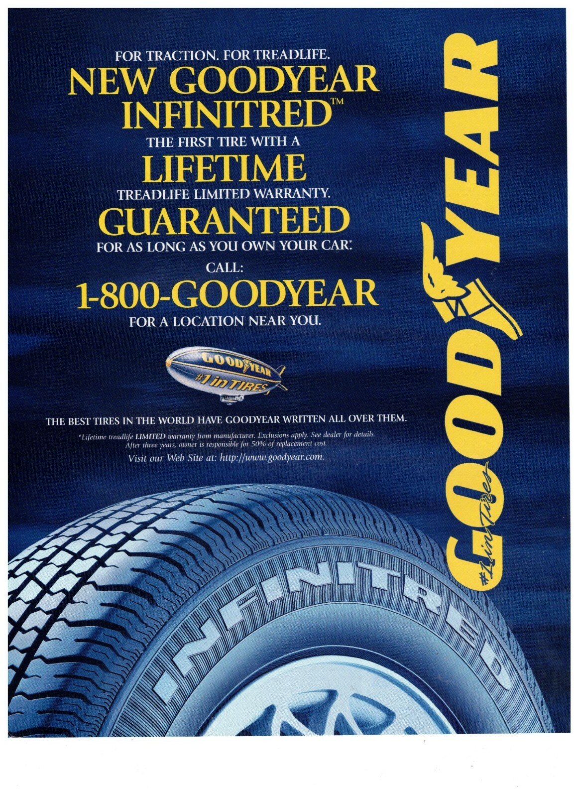 1997 Goodyear Tires Lifetime Treadlife Guarantee Vintage Print