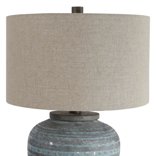 Rustic Bohemian Round Aqua Blue Gray Table Lamp | Ceramic Vintage Style Cottage - Picture 7 of 10