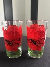50s 60s MCM Boscul Peanut Butter Flower Drinking Glass 5" POPPY x 2 Red Set