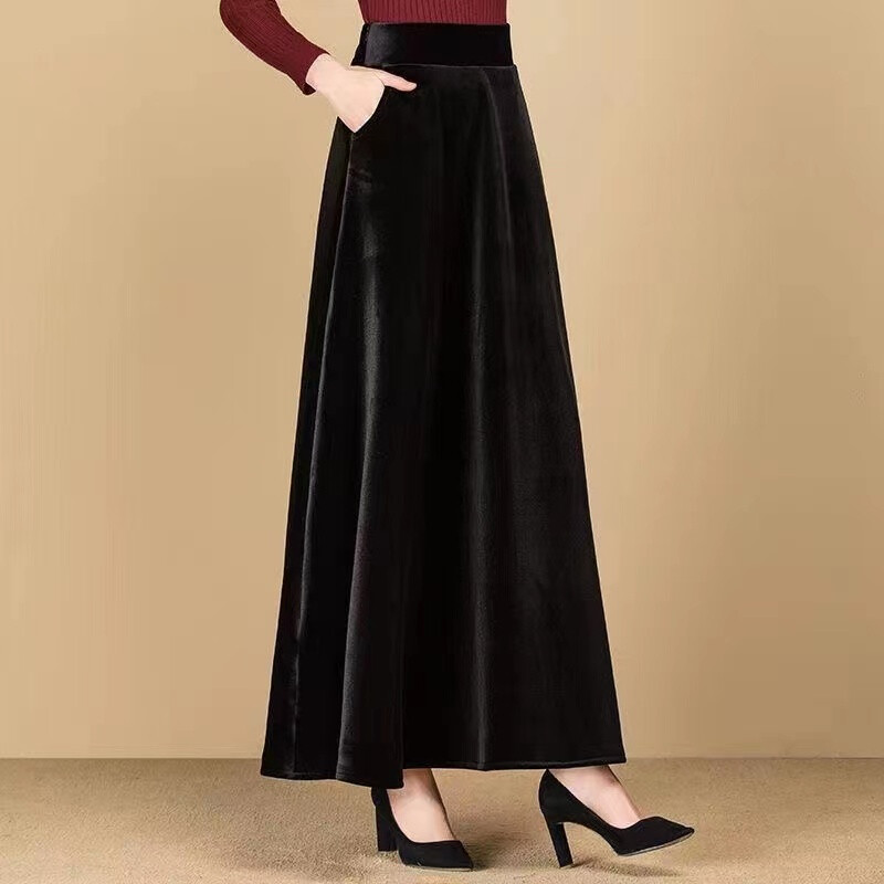 Women Velvet Long Skirt with Pockets High Waist A-line Big Swing
