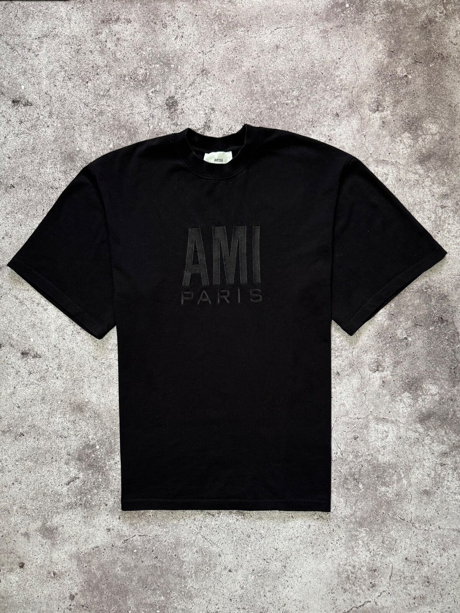 AMI Paris Black 100% Cotton Big Embroidered Logo T-shirt Men's