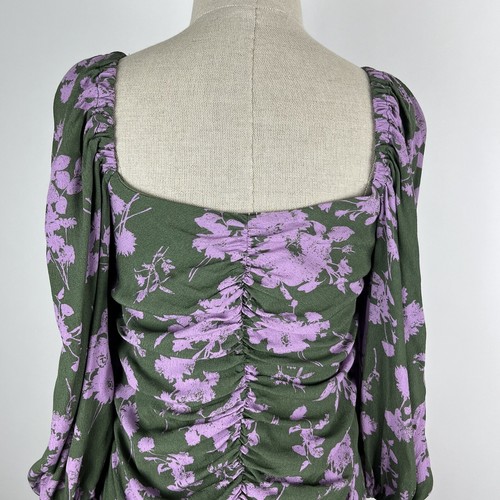 Umgee Ruched Dress Size Medium Floral Green Lavender Ruffle Balloon Sleeves Mini - Picture 7 of 16