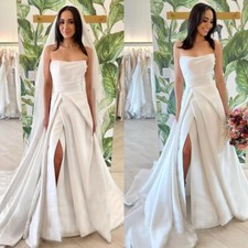 Satin Wedding Dresses with Slit Strapless Ruching A Line Sweep Train Bridal Gown