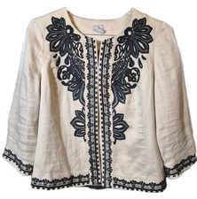 Chico's Embroidered Open Front Linen Jacket Wmns Sz 0 6-8 Career Casual Office