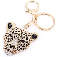 Leopard Bag Pendant Charm, Gold Rhinestone Purse Keychain Sparkling Crystal