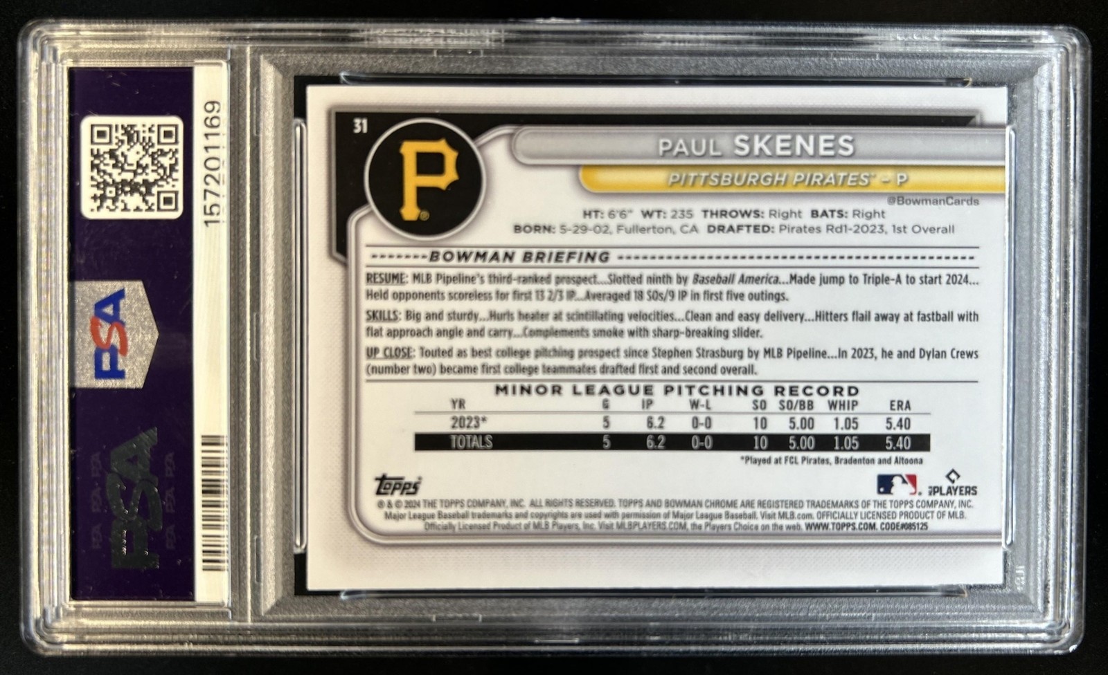 2024 Bowman Chrome Paul Skenes Image Variations RC Rookie #31 Pirates PSA 10 view 2