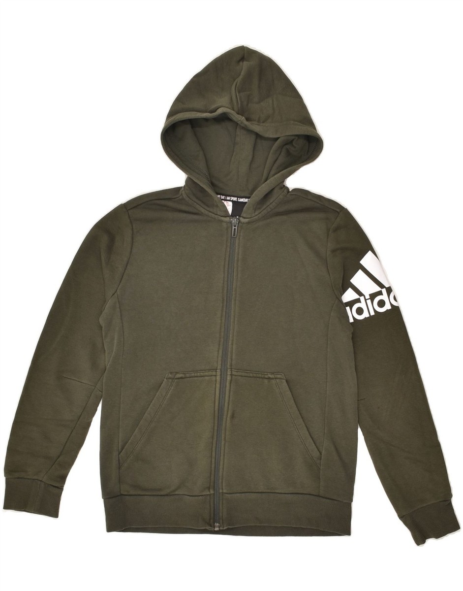 ADIDAS Boys Graphic Zip Hoodie Sweater 11-12 Years Khaki Cotton