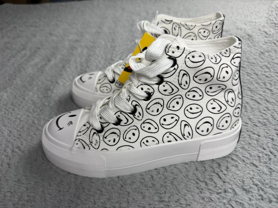 Joe Zapatos Boxer Mujer Talla 2 Cara Smiley Parte Superior Alta Lona Divertido Estampado Tenis Foto 3 de 4